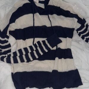 Hooded Navy and White Striped Women's Sweater. Size L